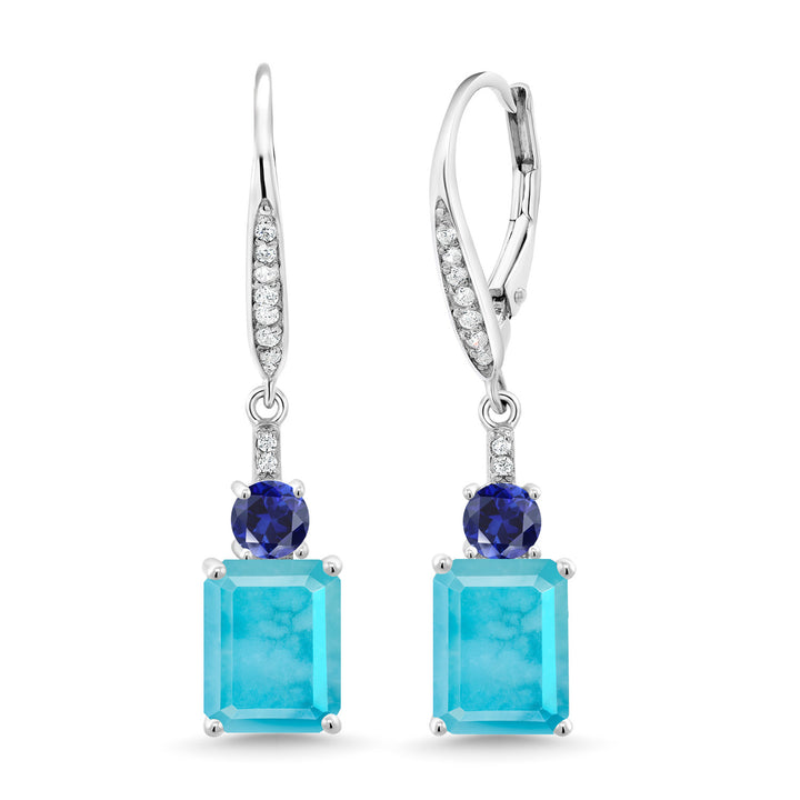 Gem Stone King Gemstone Birthstone and Blue Created Sapphire Dangle Earrings for Women | 925 Sterling Silver | Emerald Cut 9X7MM with 4MM Round Accent | Elegant Drop Design | Gift for Her Wife Mom