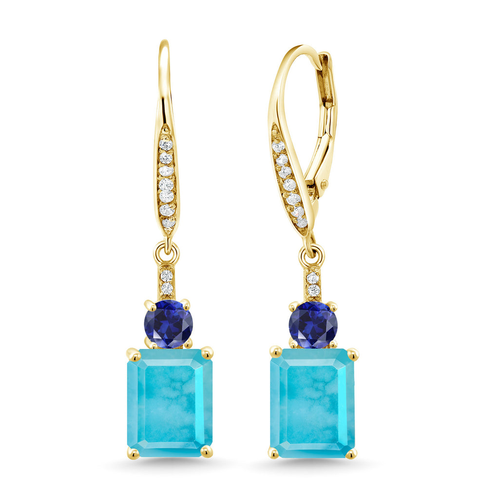 Gem Stone King Gemstone Birthstone and Blue Created Sapphire Dangle Earrings for Women | 18K Yellow Gold Plated Silver | Emerald Cut 9X7MM with 4MM Round Accent | Elegant Drop Design | Gift for Her Wife Mom