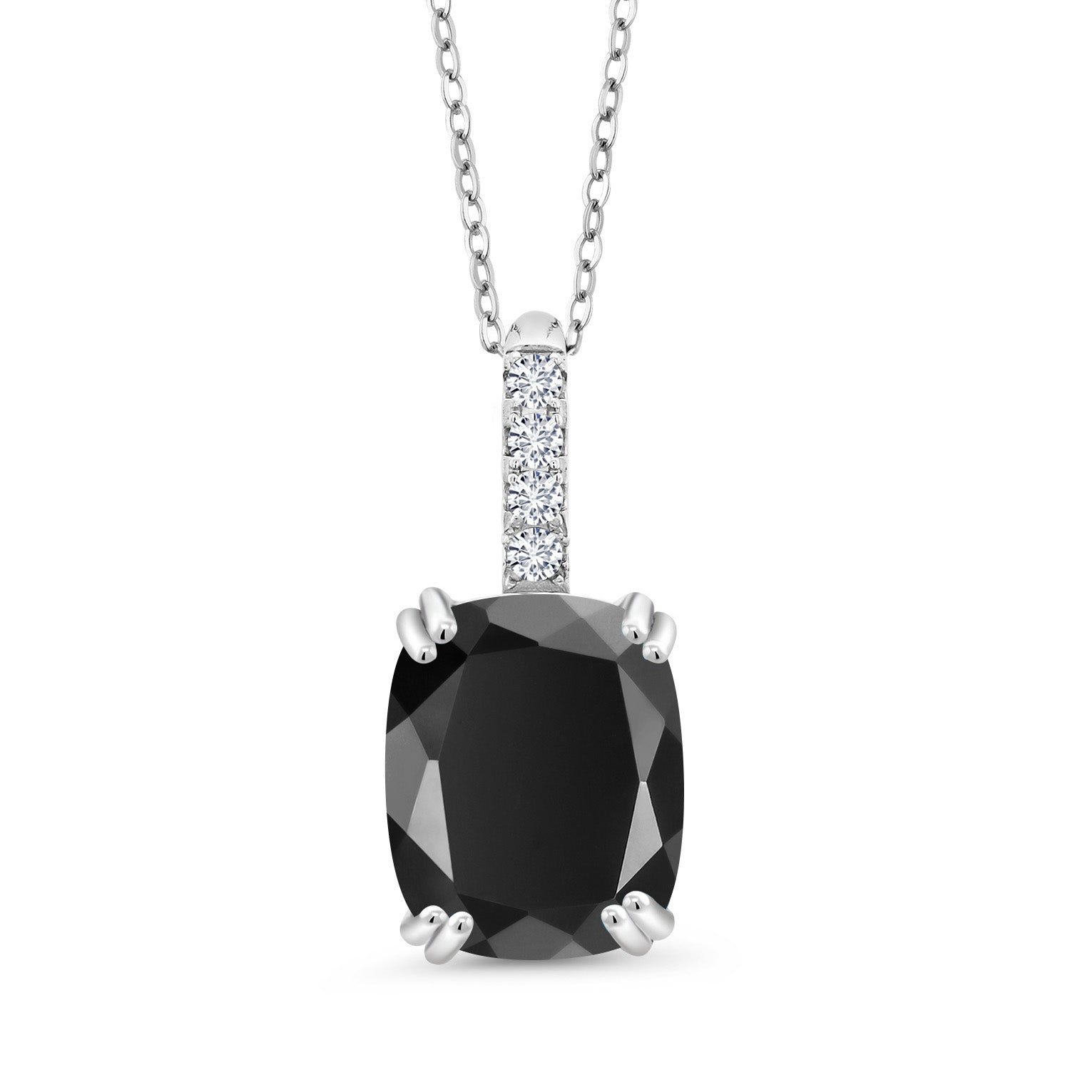 2.79 Cttw Black Onyx and White Lab Grown Diamond Pendant Necklace For Women set In 925 Sterling Silver | Gemstone Birthstone | Cushion Cut 10X8MM | With 18 Inch Silver Chain