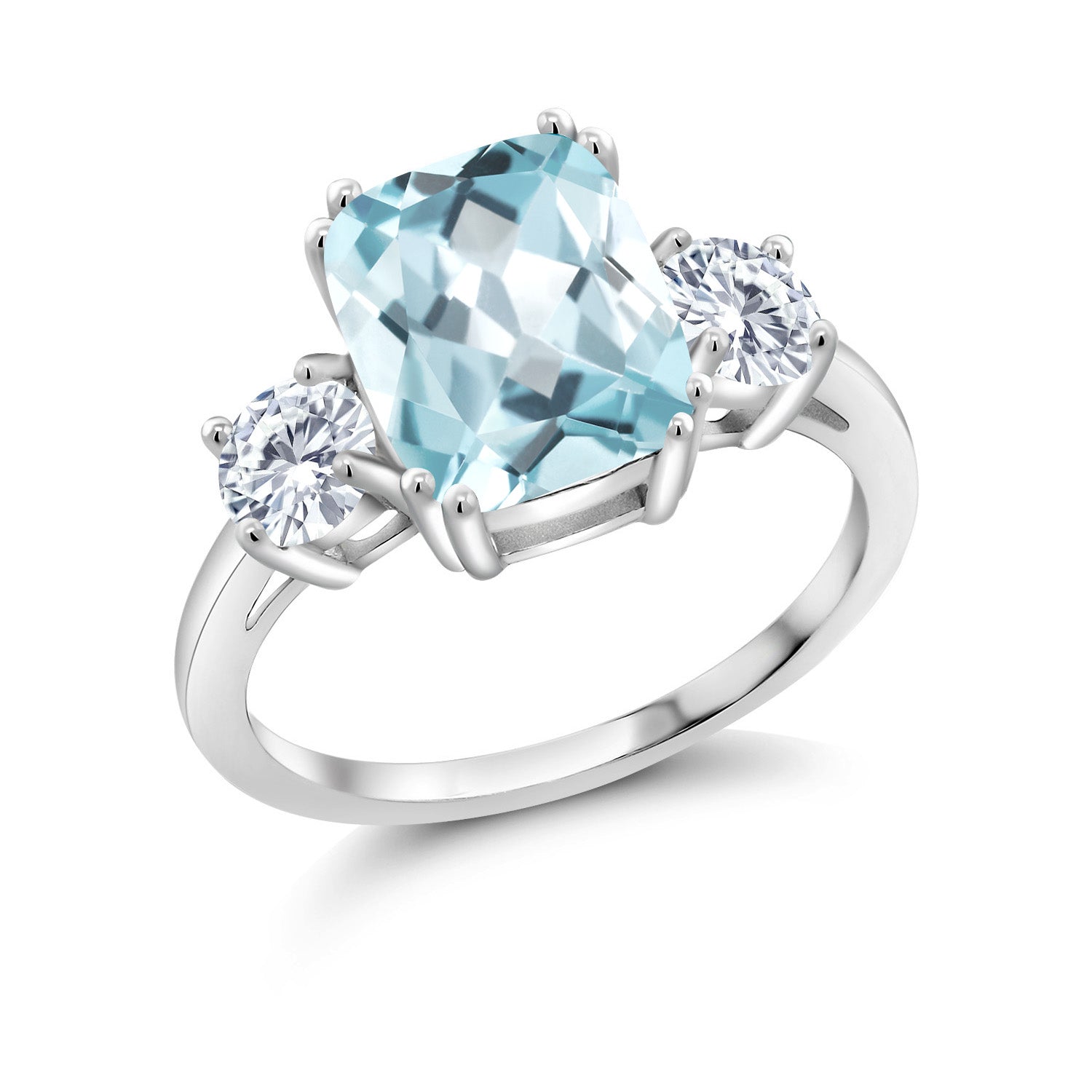 925 Sterling Silver Sky Blue Simulated Aquamarine and White Moissanite 3 Stone Ring For Women (3.36 Cttw, Cushion Cut 10X8MM, Round 4.5MM, Gemstone, Available In Size 5, 6, 7, 8, 9)