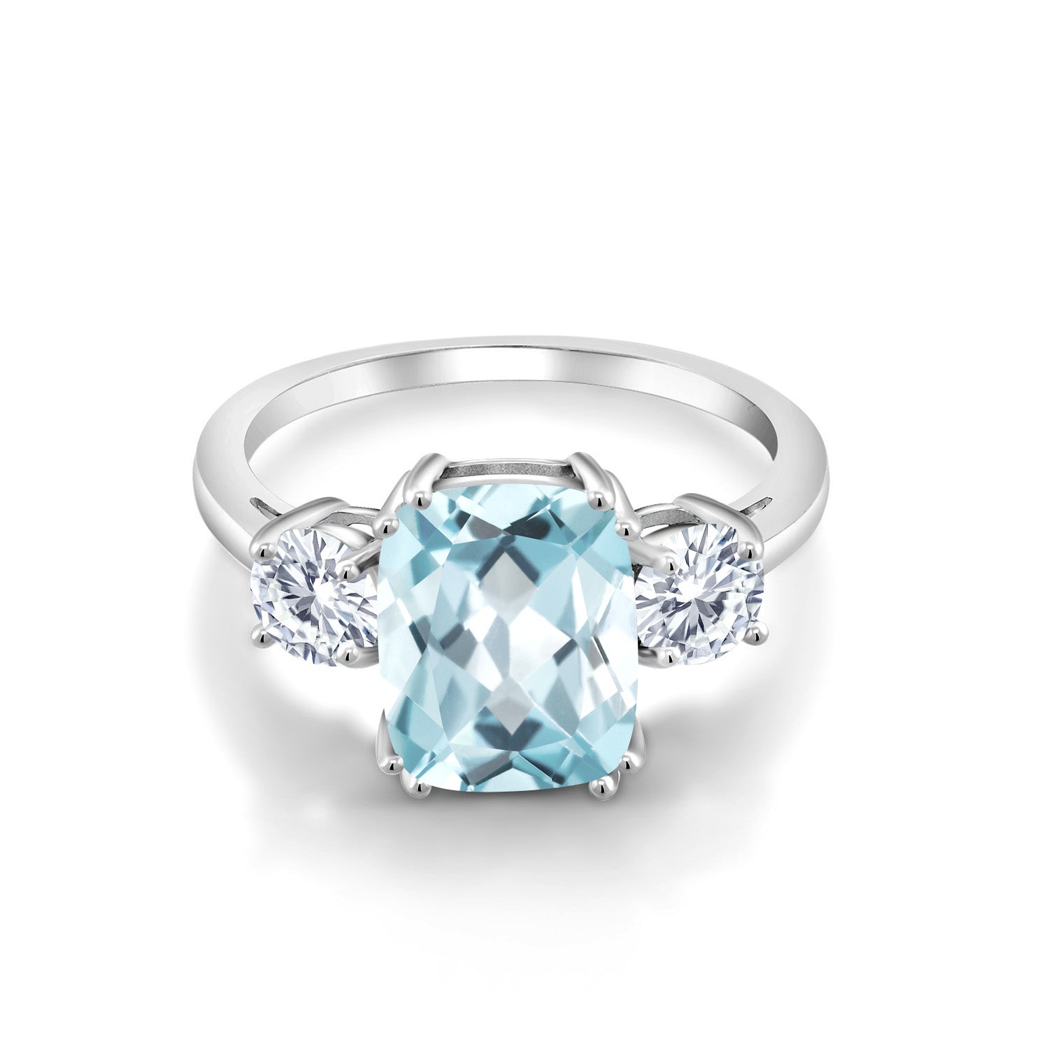 925 Sterling Silver Sky Blue Simulated Aquamarine and White Moissanite 3 Stone Ring For Women (3.36 Cttw, Cushion Cut 10X8MM, Round 4.5MM, Gemstone, Available In Size 5, 6, 7, 8, 9)