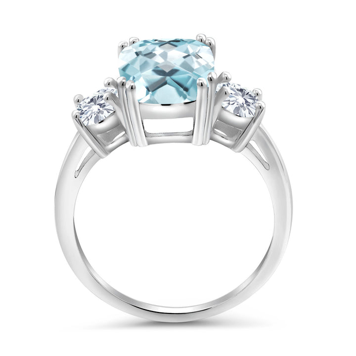 925 Sterling Silver Sky Blue Simulated Aquamarine and White Moissanite 3 Stone Ring For Women (3.36 Cttw, Cushion Cut 10X8MM, Round 4.5MM, Gemstone, Available In Size 5, 6, 7, 8, 9)