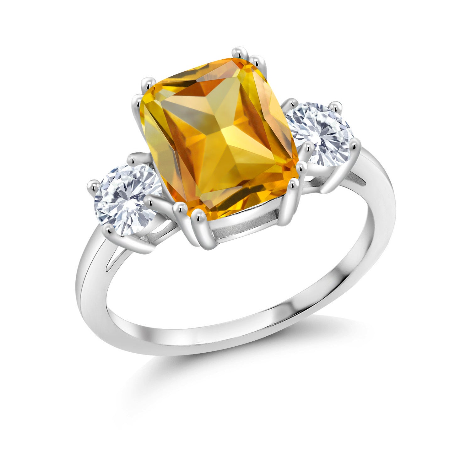 925 Sterling Silver Yellow Citrine and White Moissanite 3 Stone Ring For Women (3.50 Cttw, Cushion Cut 10X8MM, Round 4.5MM, Gemstone, Available In Size 5, 6, 7, 8, 9)