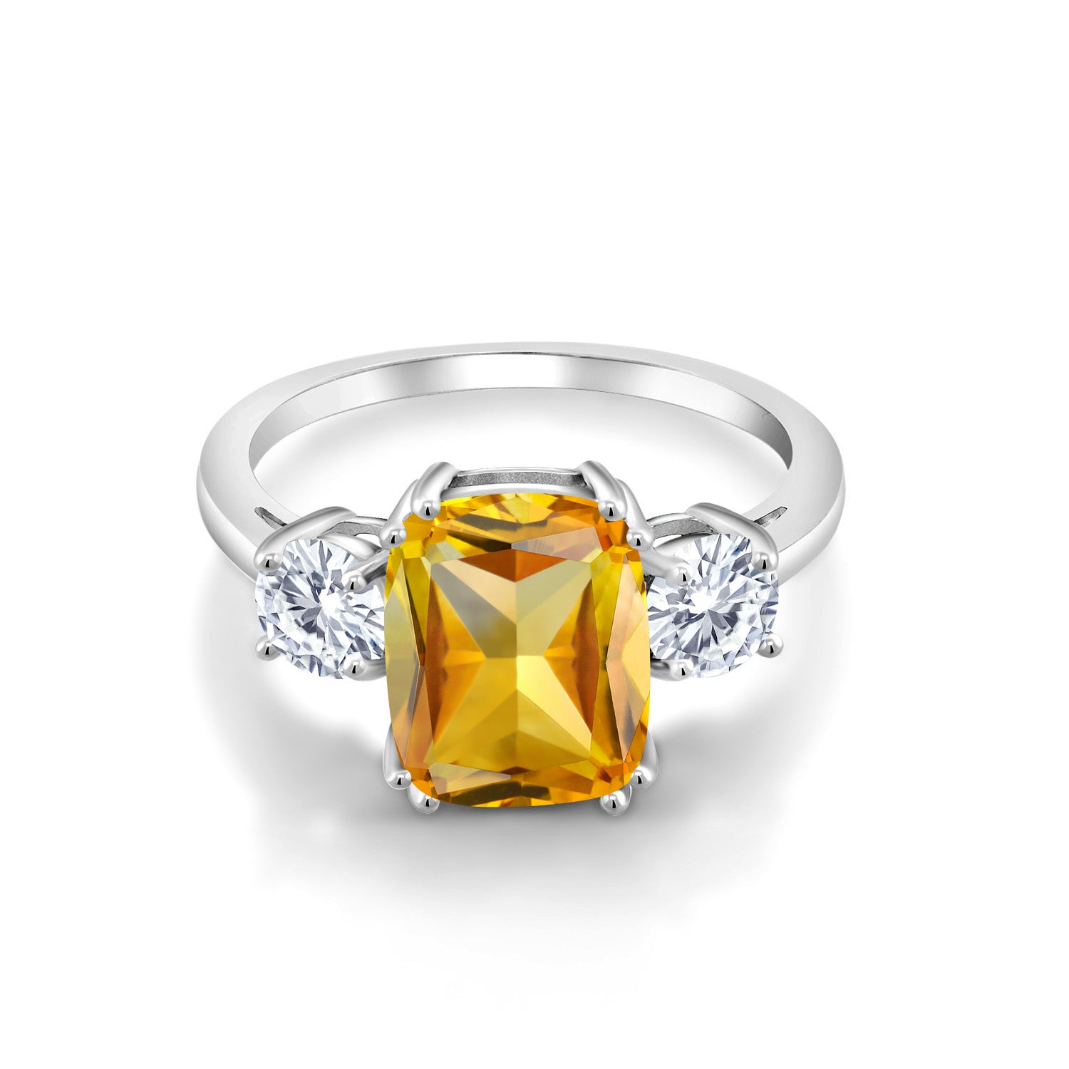 925 Sterling Silver Yellow Citrine and White Moissanite 3 Stone Ring For Women (3.50 Cttw, Cushion Cut 10X8MM, Round 4.5MM, Gemstone, Available In Size 5, 6, 7, 8, 9)