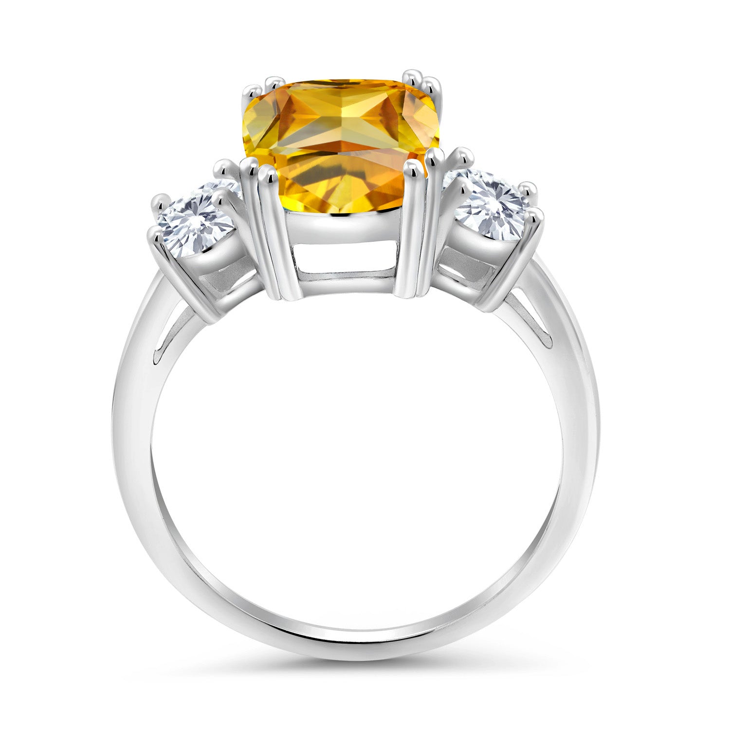 925 Sterling Silver Yellow Citrine and White Moissanite 3 Stone Ring For Women (3.50 Cttw, Cushion Cut 10X8MM, Round 4.5MM, Gemstone, Available In Size 5, 6, 7, 8, 9)