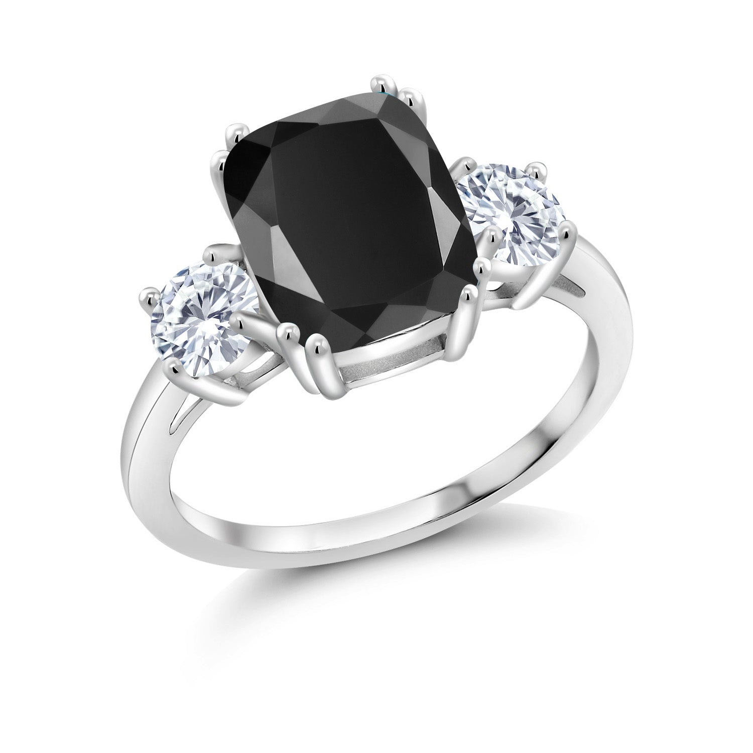 925 Sterling Silver Black Onyx and White Moissanite 3 Stone Ring For Women (3.39 Cttw, Cushion Cut 10X8MM, Round 4.5MM, Gemstone, Available In Size 5, 6, 7, 8, 9)