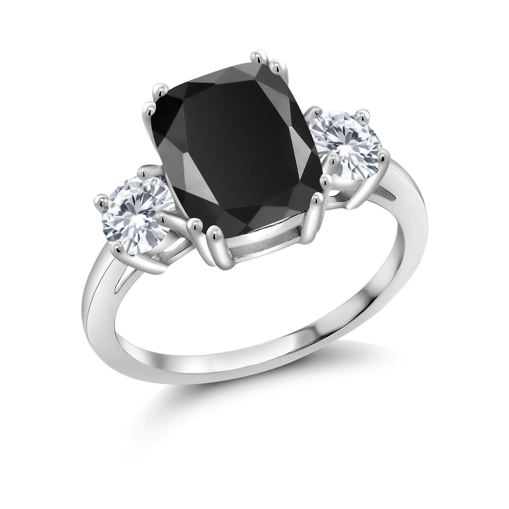 Gem Stone King 3.39 Cttw Black Onyx and White Moissanite 3-Stone Ring For Women | 925 Sterling Silver | Cushion Cut 10X8MM and Round 4.5MM | Wedding Engagement Anniversary Promise Ring