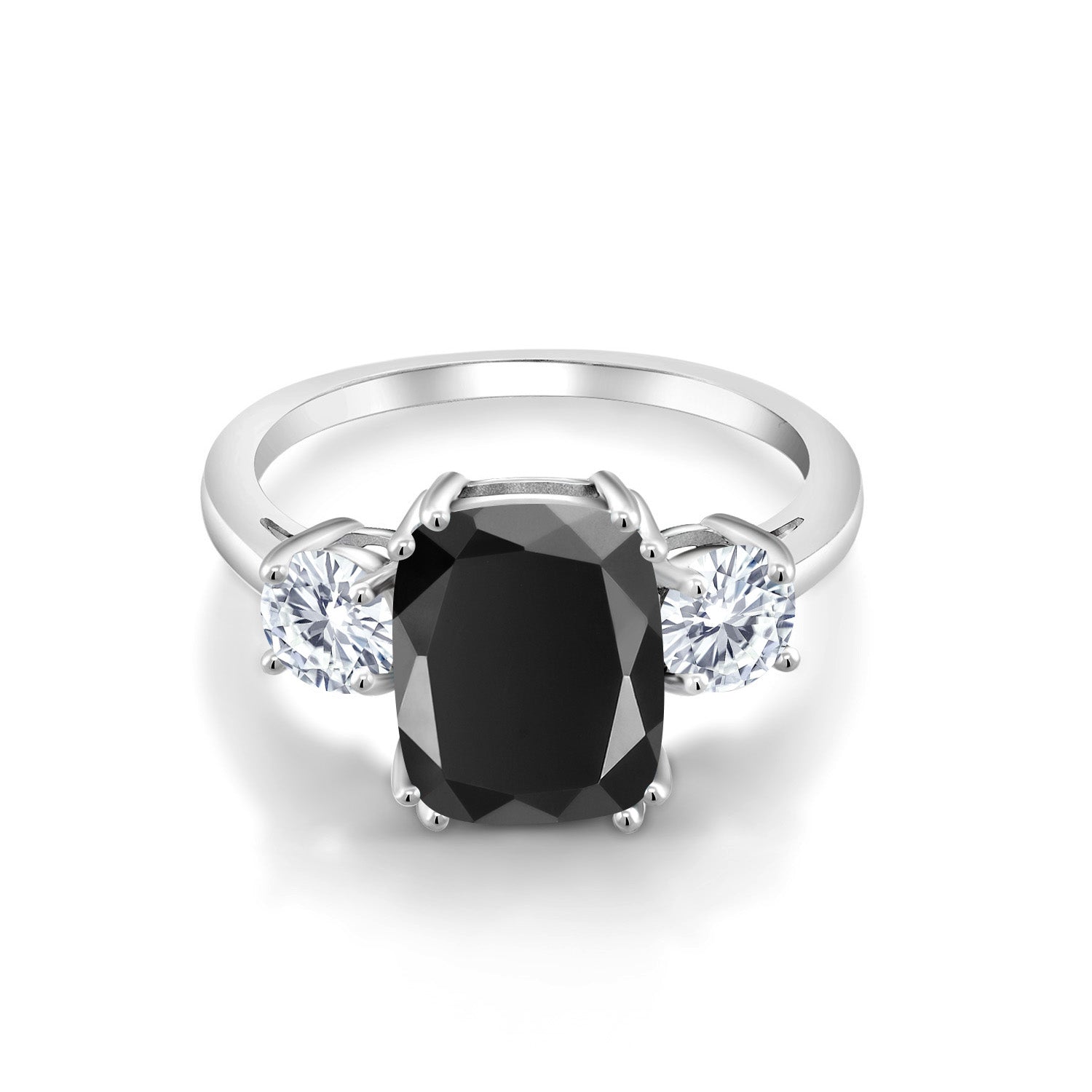 925 Sterling Silver Black Onyx and White Moissanite 3 Stone Ring For Women (3.39 Cttw, Cushion Cut 10X8MM, Round 4.5MM, Gemstone, Available In Size 5, 6, 7, 8, 9)