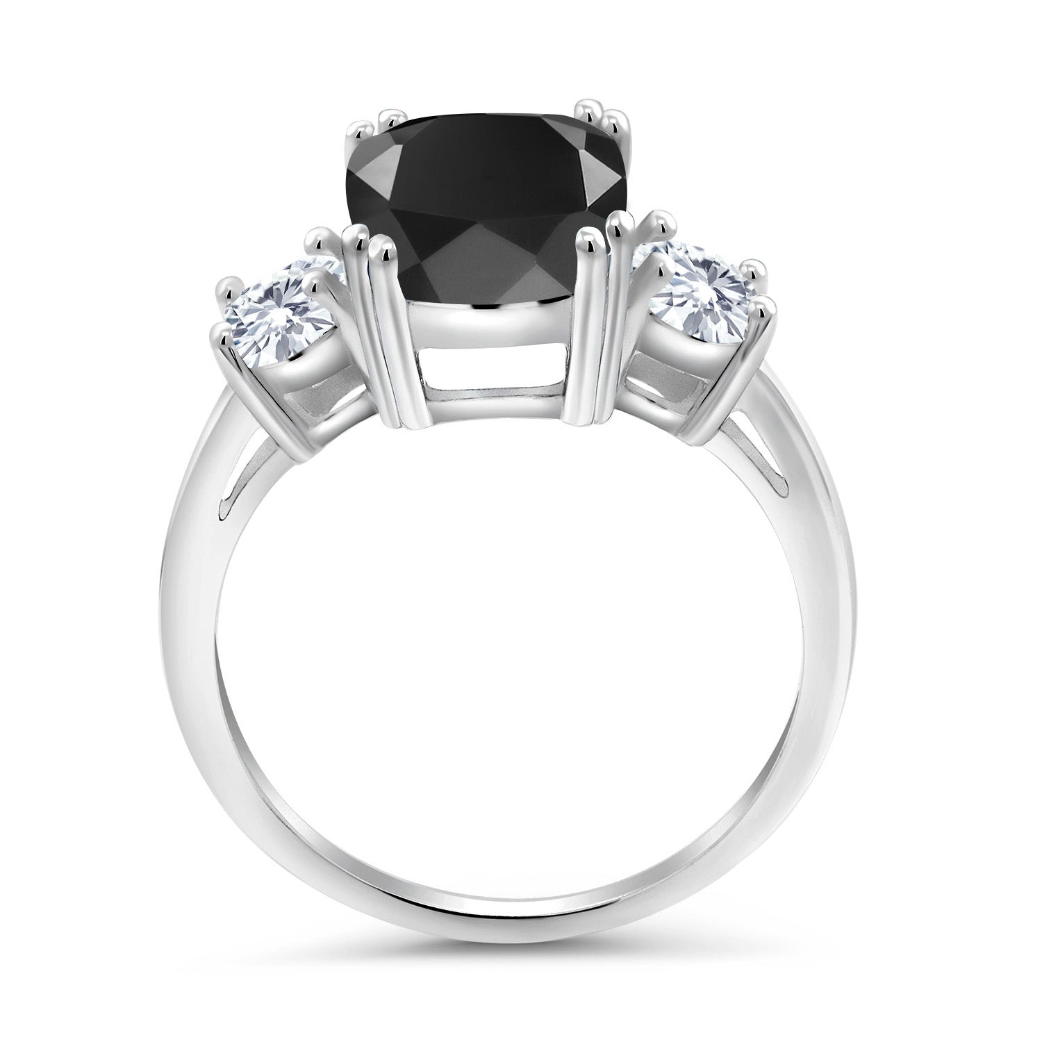 925 Sterling Silver Black Onyx and White Moissanite 3 Stone Ring For Women (3.39 Cttw, Cushion Cut 10X8MM, Round 4.5MM, Gemstone, Available In Size 5, 6, 7, 8, 9)