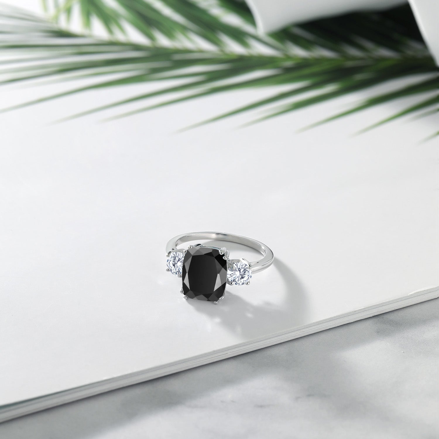 925 Sterling Silver Black Onyx and White Moissanite 3 Stone Ring For Women (3.39 Cttw, Cushion Cut 10X8MM, Round 4.5MM, Gemstone, Available In Size 5, 6, 7, 8, 9)