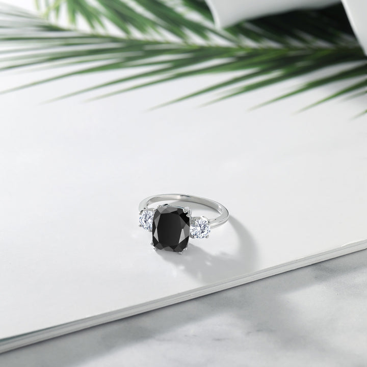 925 Sterling Silver Black Onyx and White Moissanite 3 Stone Ring For Women (3.39 Cttw, Cushion Cut 10X8MM, Round 4.5MM, Gemstone, Available In Size 5, 6, 7, 8, 9)