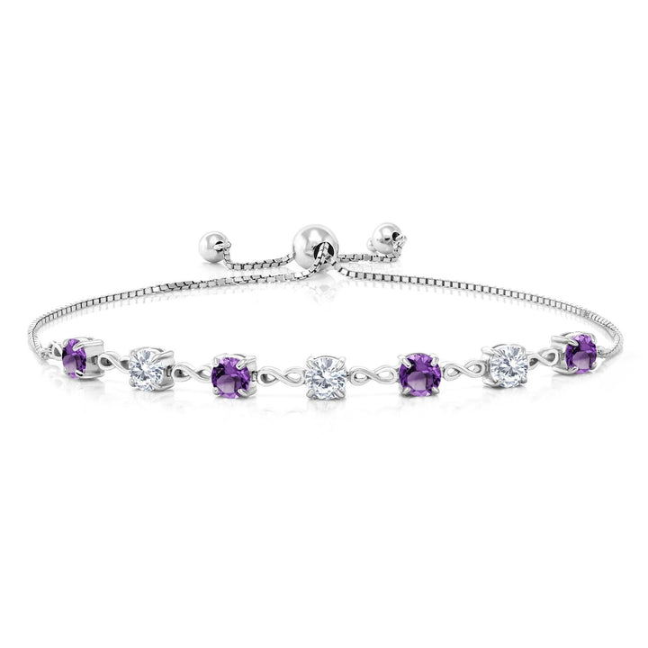 Gem Stone King 4.5MM Round Gemstone Birthstone and White Moissanite Infinity Tennis Bracelet for Women in 925 Sterling Silver | Adjustable Bolo Bracelet For Women | Easy-On Easy-Off