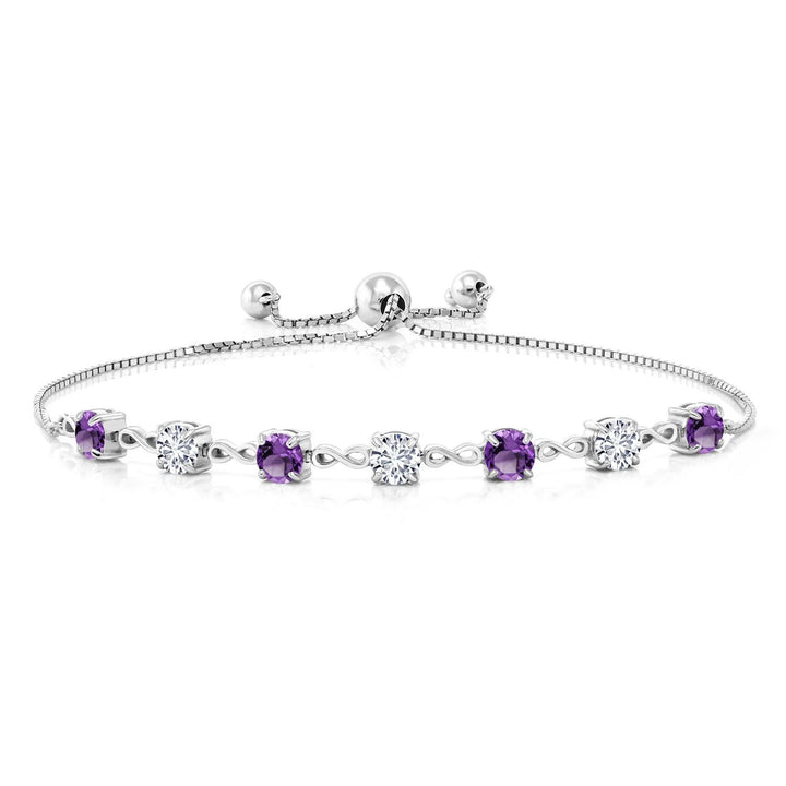 Gem Stone King 4.5MM Round Gemstone Birthstone and White Lab Grown Diamond Infinity Tennis Bracelet for Women in 925 Sterling Silver | Fully Adjustable to 9 Inch | Fine Jewelry for Her Mom Wife