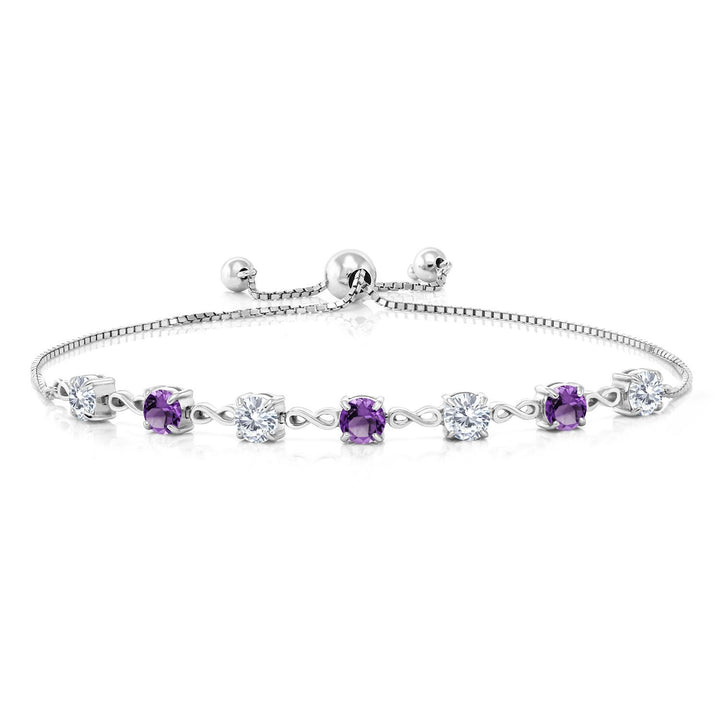 Gem Stone King 4.5MM Round Gemstone Birthstone and White Moissanite Infinity Tennis Bracelet for Women | 925 Sterling Silver | Fully Adjustable to 9 Inch | Fine Jewelry for Her Mom Wife