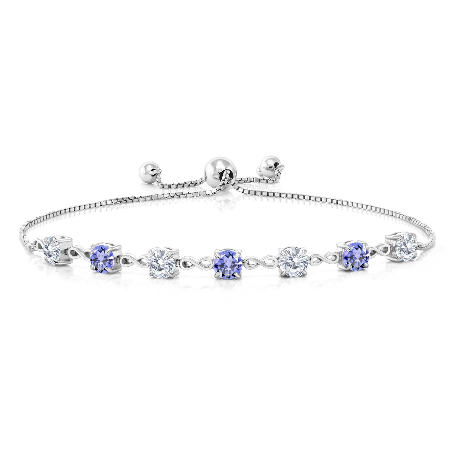 925 Sterling Silver Round White Moissanite and Blue Tanzanite Tennis Bracelet For Women (2.46 Cttw, Gemstone Birthstone, Round 4.5MM, Fully Adjustable Up to 9 Inch)