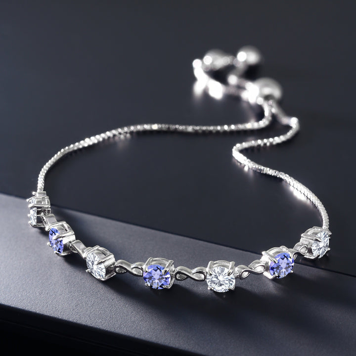 925 Sterling Silver Round White Moissanite and Blue Tanzanite Tennis Bracelet For Women (2.46 Cttw, Gemstone Birthstone, Round 4.5MM, Fully Adjustable Up to 9 Inch)