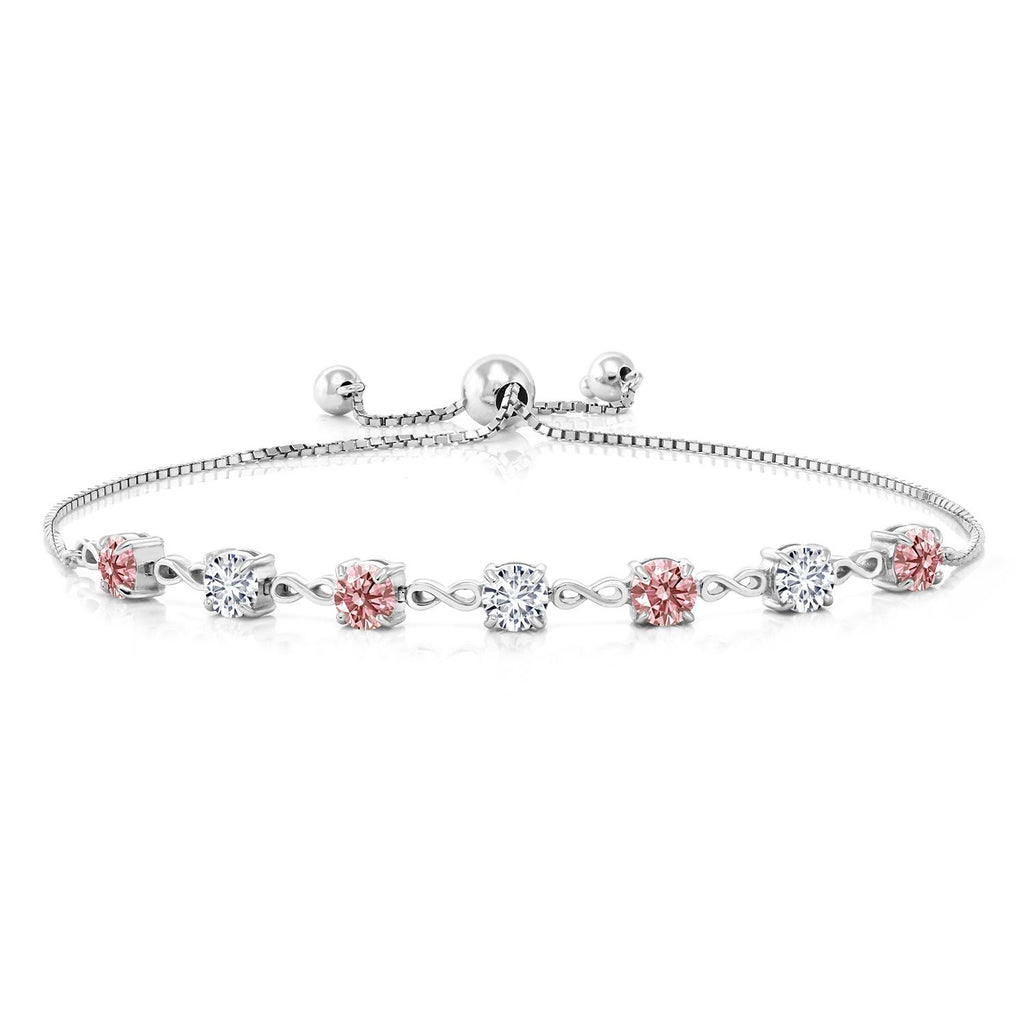 Gem Stone King 4.5MM Round Gemstone Birthstone and Pink Lab Grown Diamond Infinity Tennis Bracelet for Women | 925 Sterling Silver | Fully Adjustable to 9 Inch | Fine Jewelry for Her Mom Wife