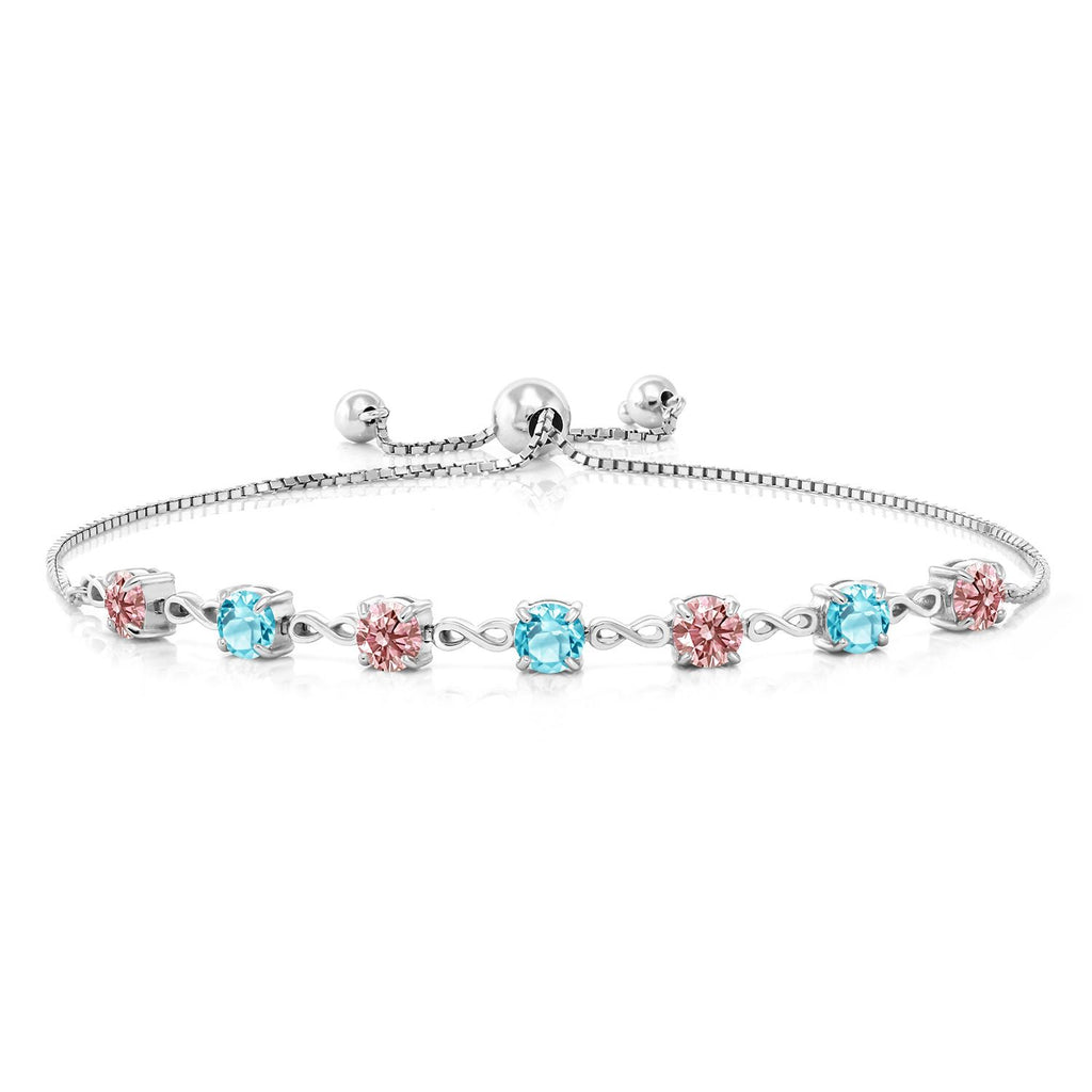 Gem Stone King 4.5MM Round Gemstone Birthstone and Pink Lab Grown Diamond Infinity Tennis Bracelet for Women | 925 Sterling Silver | Fully Adjustable to 9 Inch | Fine Jewelry for Her Mom Wife