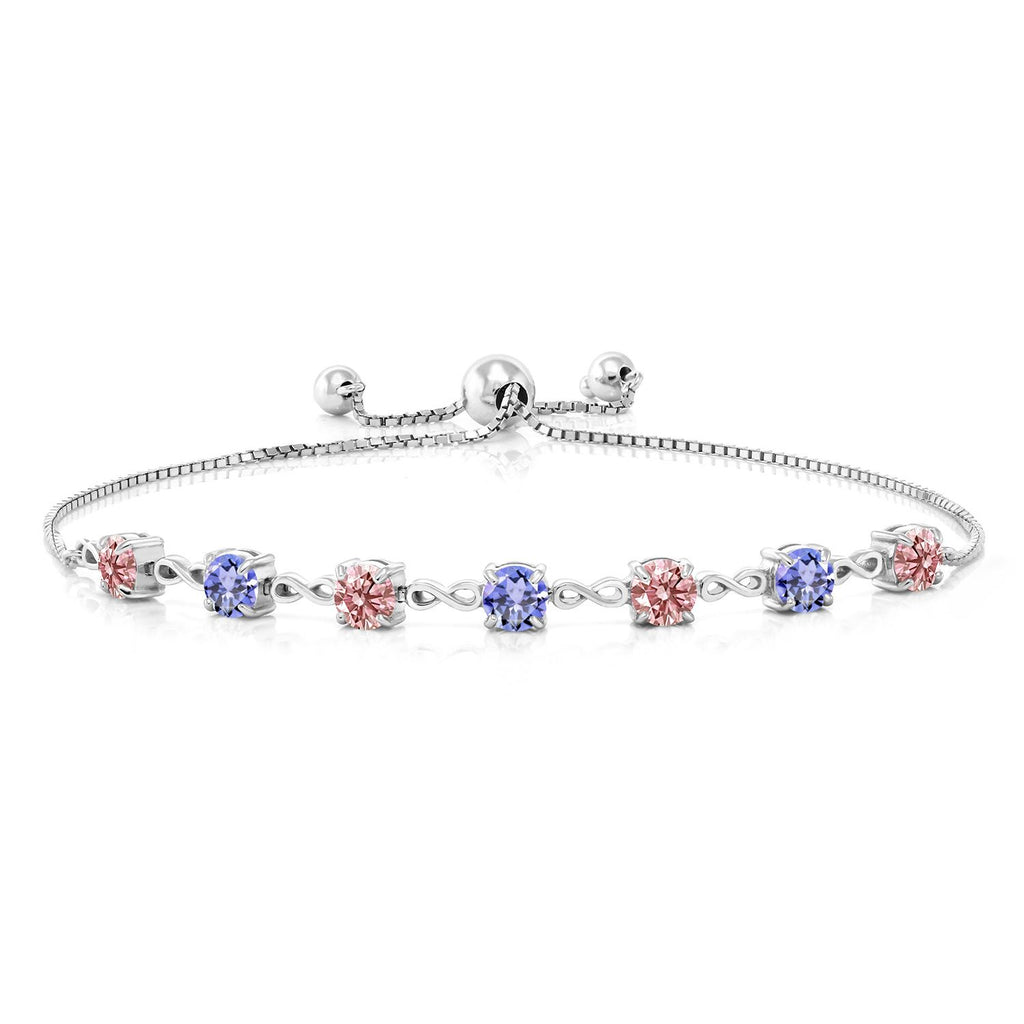 Gem Stone King 4.5MM Round Gemstone Birthstone and Pink Lab Grown Diamond Infinity Tennis Bracelet for Women | 925 Sterling Silver | Fully Adjustable to 9 Inch | Fine Jewelry for Her Mom Wife