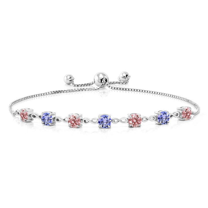 Gem Stone King 4.5MM Round Gemstone Birthstone and Pink Lab Grown Diamond Infinity Tennis Bracelet for Women | 925 Sterling Silver | Fully Adjustable to 9 Inch | Fine Jewelry for Her Mom Wife