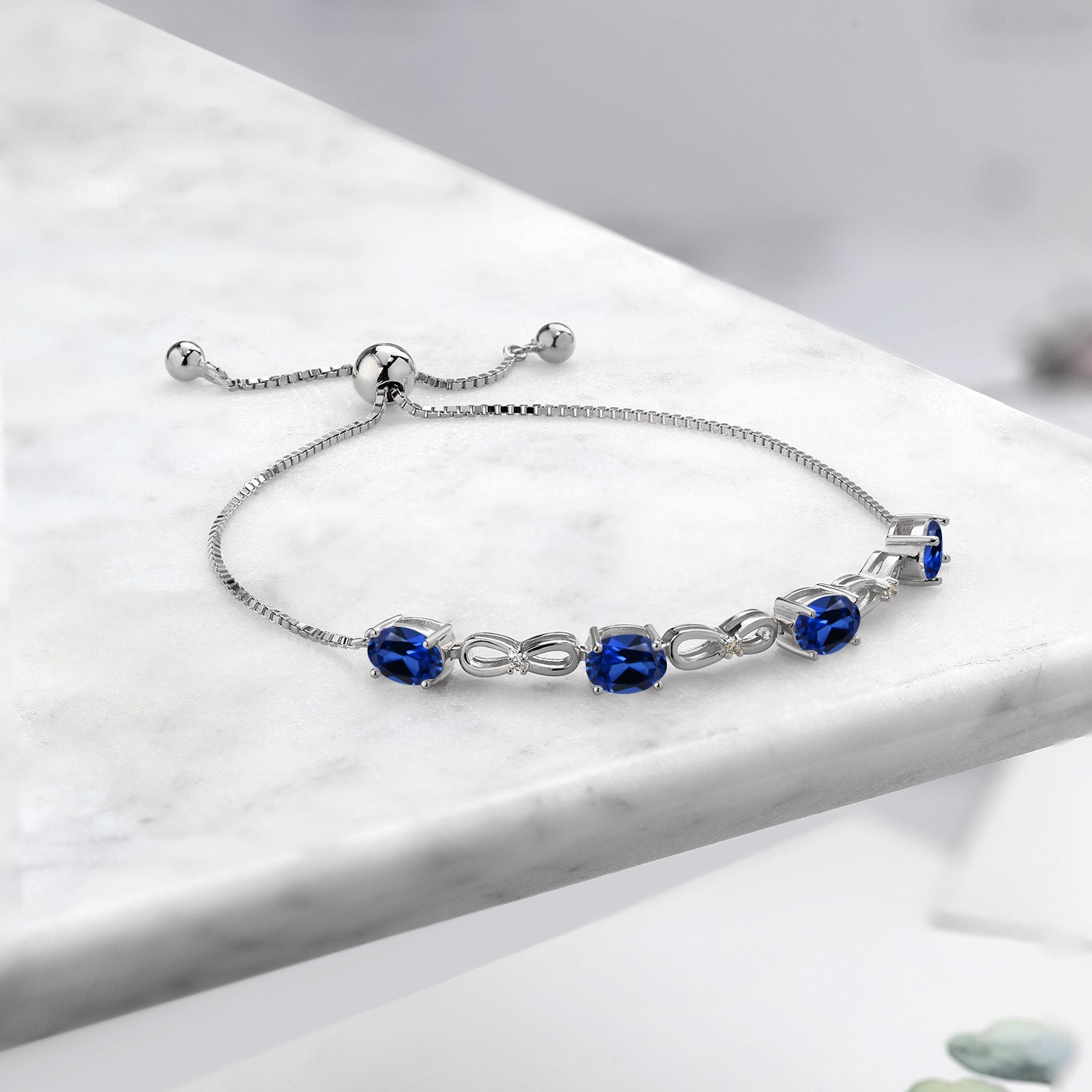 4.02 Ct Blue Created Sapphire E-F Lab Grown Diamond 925 Sterling Silver Bracelet For Women