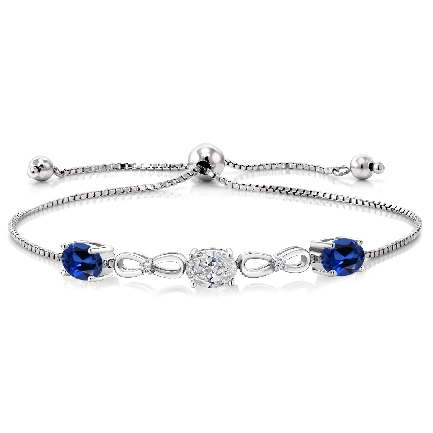 925 Sterling Silver Lab Grown Diamond and Blue Created Sapphire Bracelet For Women | 3.00 Cttw | Gemstone April Birthstone | Oval 7X5MM | Fully Adjustable 9 Inch