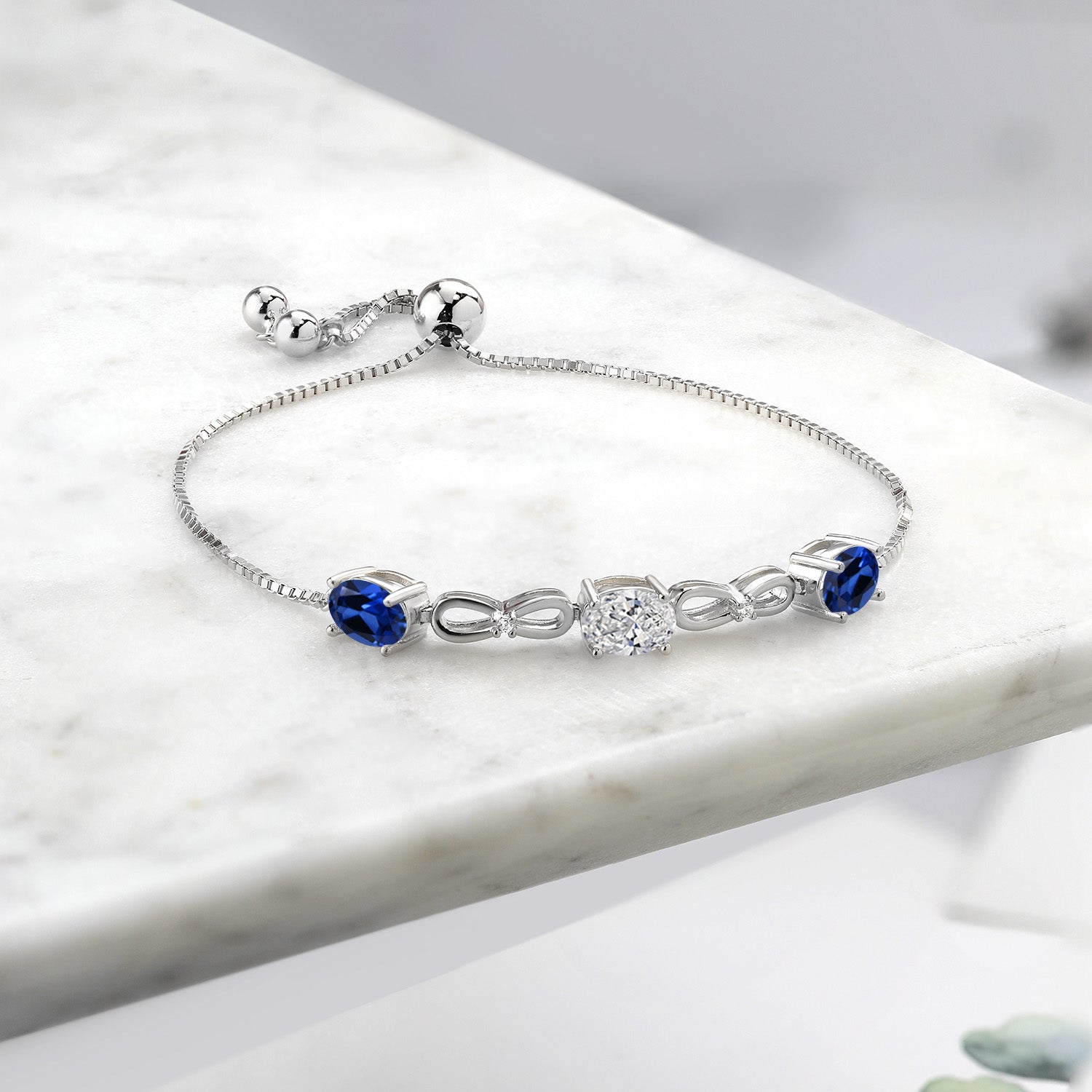 925 Sterling Silver Lab Grown Diamond and Blue Created Sapphire Bracelet For Women | 3.00 Cttw | Gemstone April Birthstone | Oval 7X5MM | Fully Adjustable 9 Inch