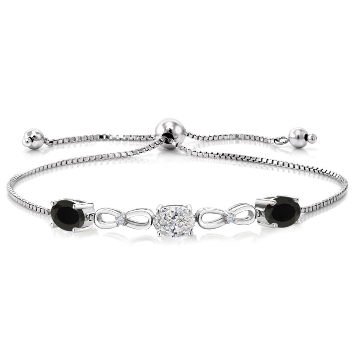 2.40 Cttw Lab Grown Diamond and Black Onyx Bracelet For Women | 925 Sterling Silver | Gemstone April Birthstone | Oval 7X5MM | Fully Adjustable 9 Inch