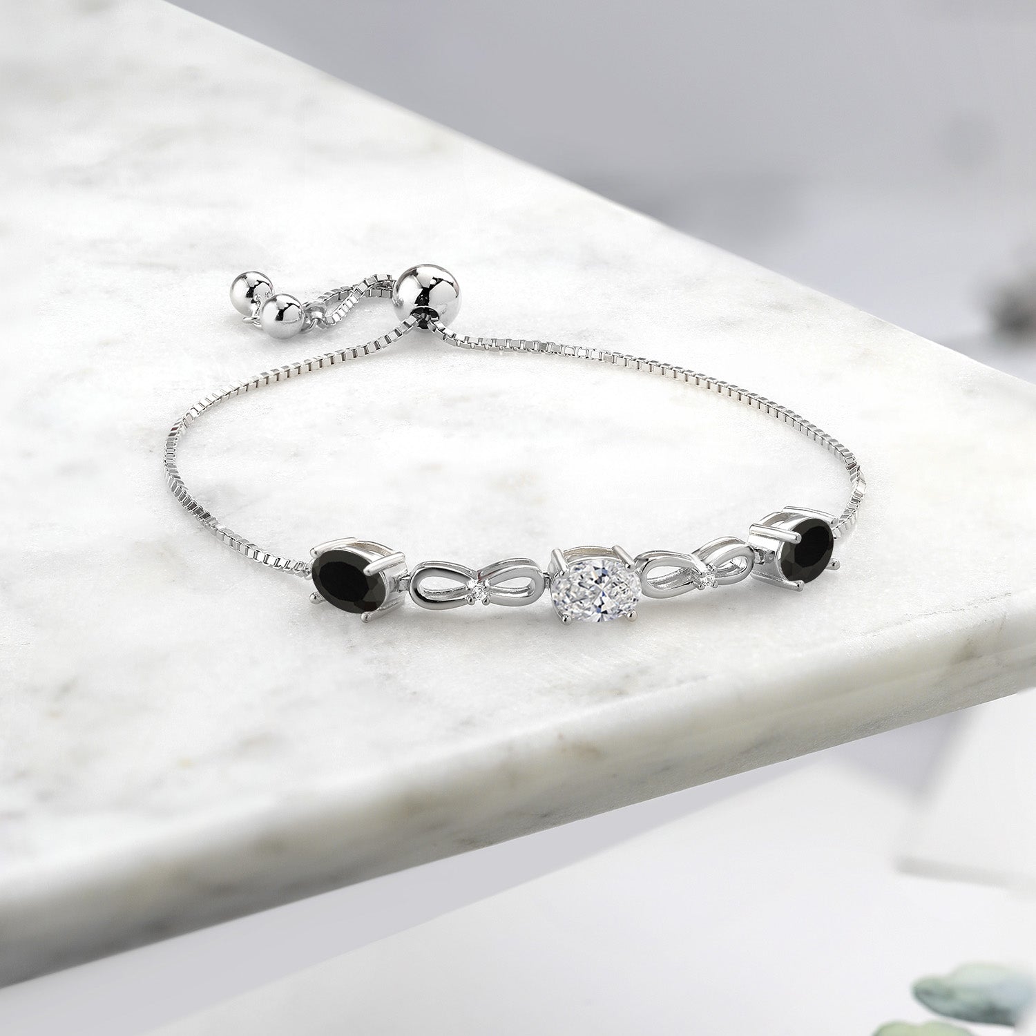 2.40 Cttw Lab Grown Diamond and Black Onyx Bracelet For Women | 925 Sterling Silver | Gemstone April Birthstone | Oval 7X5MM | Fully Adjustable 9 Inch