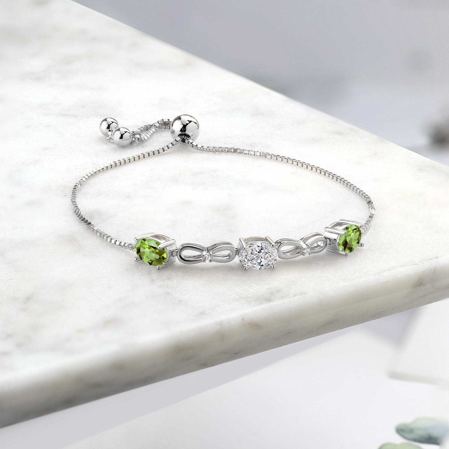 925 Sterling Silver Lab Grown Diamond and Green Peridot Bracelet For Women | 2.80 Cttw | Gemstone Birthstone | Oval 7X5MM | Adjustable Bolo Bracelet For Women | Easy-On Easy-Off