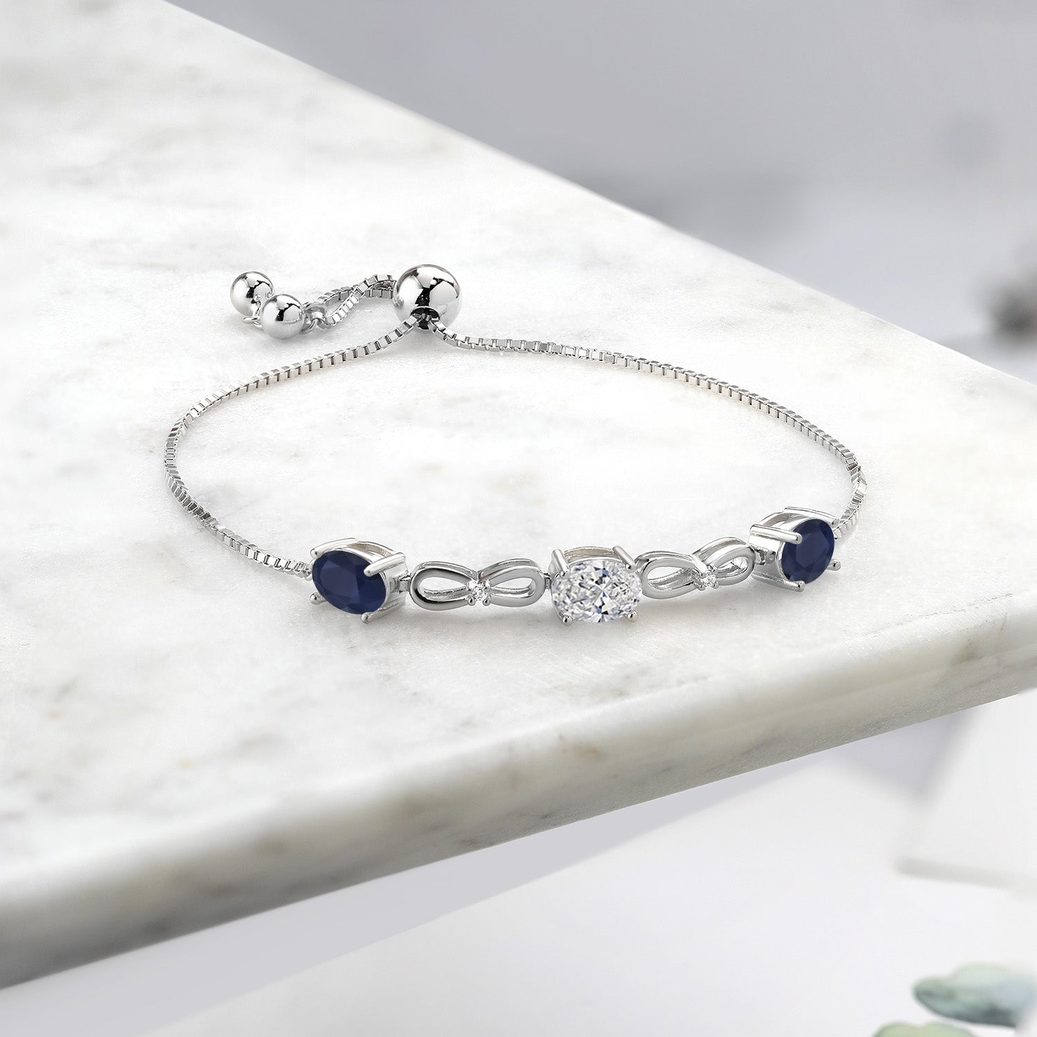 3.00 Cttw Lab Grown Diamond and Blue Sapphire Bracelet For Women | 925 Sterling Silver | Gemstone April Birthstone | Oval 7X5MM | Adjustable Bolo Bracelet For Women