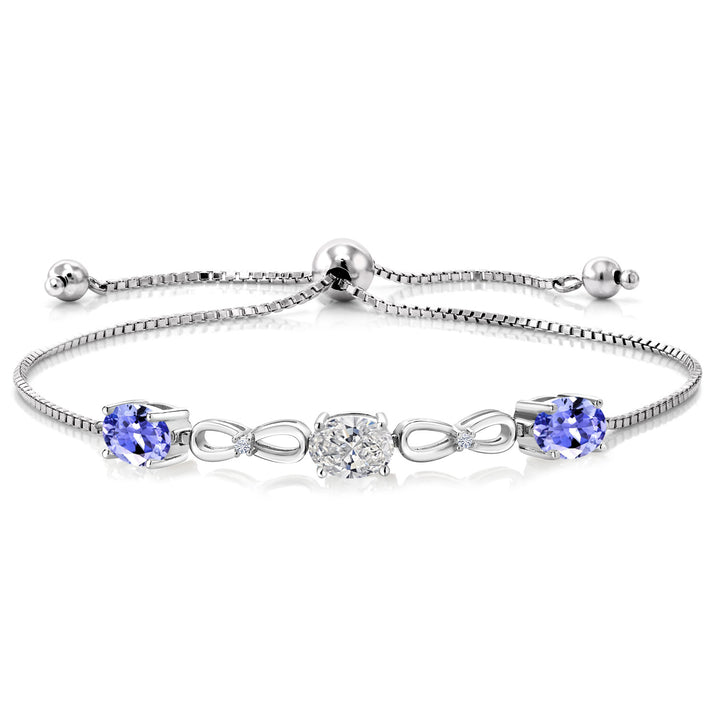 925 Sterling Silver Lab Grown Diamond and Blue Tanzanite Bracelet For Women | 2.50 Cttw | Gemstone April Birthstone | Oval 7X5MM | Fully Adjustable 9 Inch