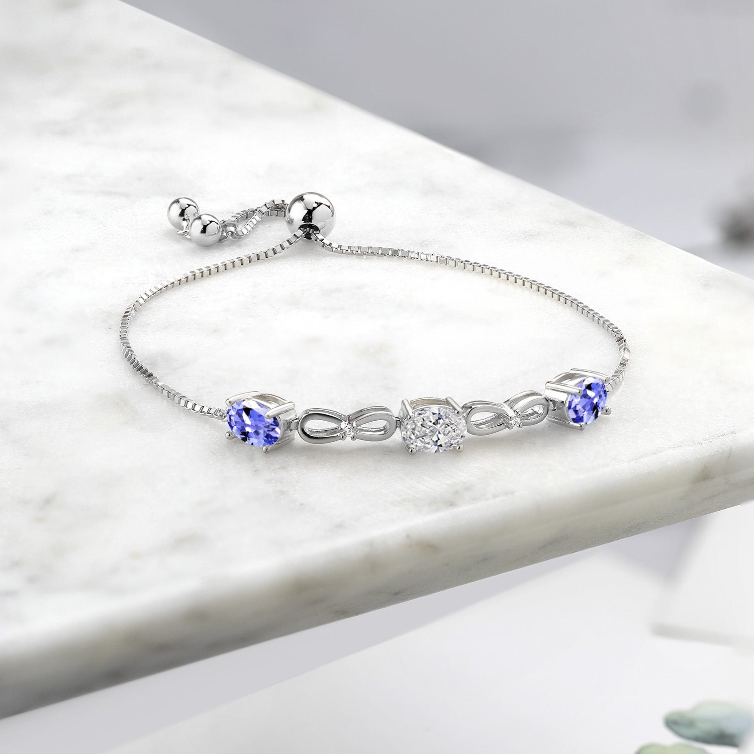 925 Sterling Silver Lab Grown Diamond and Blue Tanzanite Bracelet For Women | 2.50 Cttw | Gemstone April Birthstone | Oval 7X5MM | Fully Adjustable 9 Inch