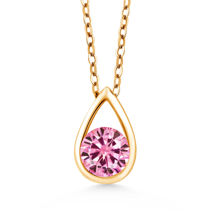 18K Yellow Gold Plated Silver 5MM Round Gemstone Birthstone Teardrop Pendant Necklace | Gold Necklace For Women | With 18 Inch Silver Chain