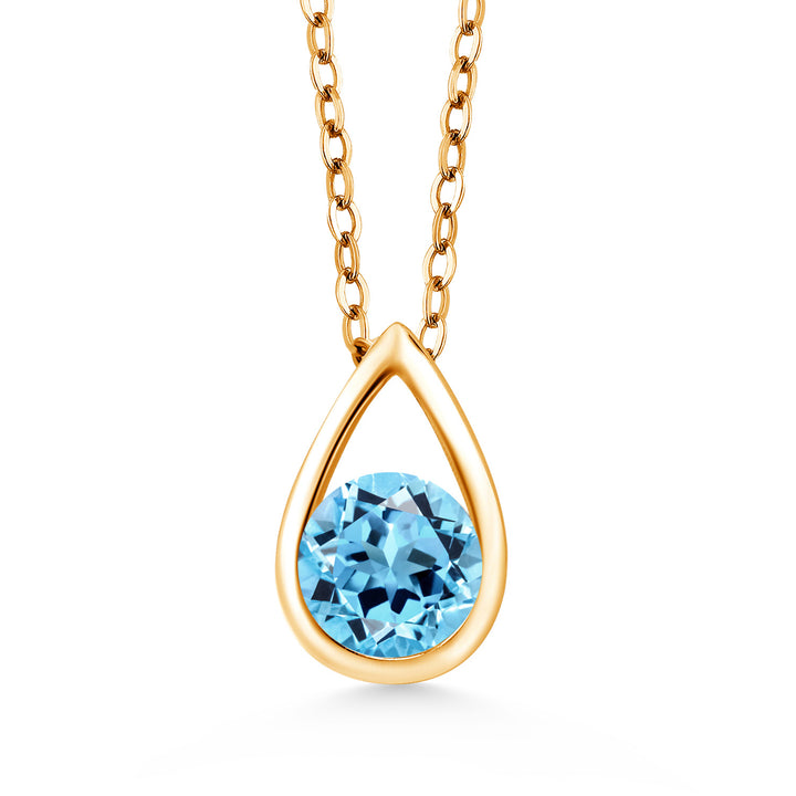 18K Yellow Gold Plated Silver 5MM Round Gemstone Birthstone Teardrop Pendant Necklace | Gold Necklace For Women | With 18 Inch Silver Chain