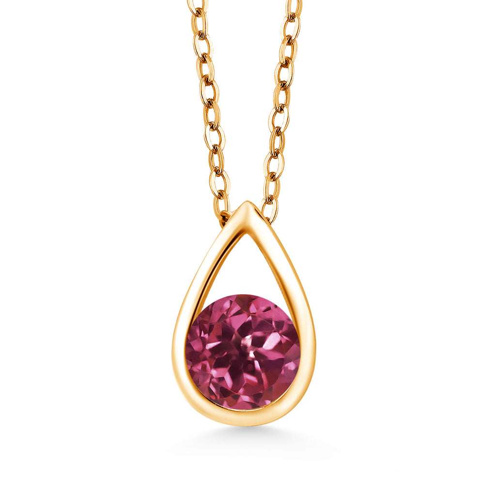 18K Yellow Gold Plated Silver 5MM Round Gemstone Birthstone Teardrop Pendant Necklace | Gold Necklace For Women | With 18 Inch Silver Chain