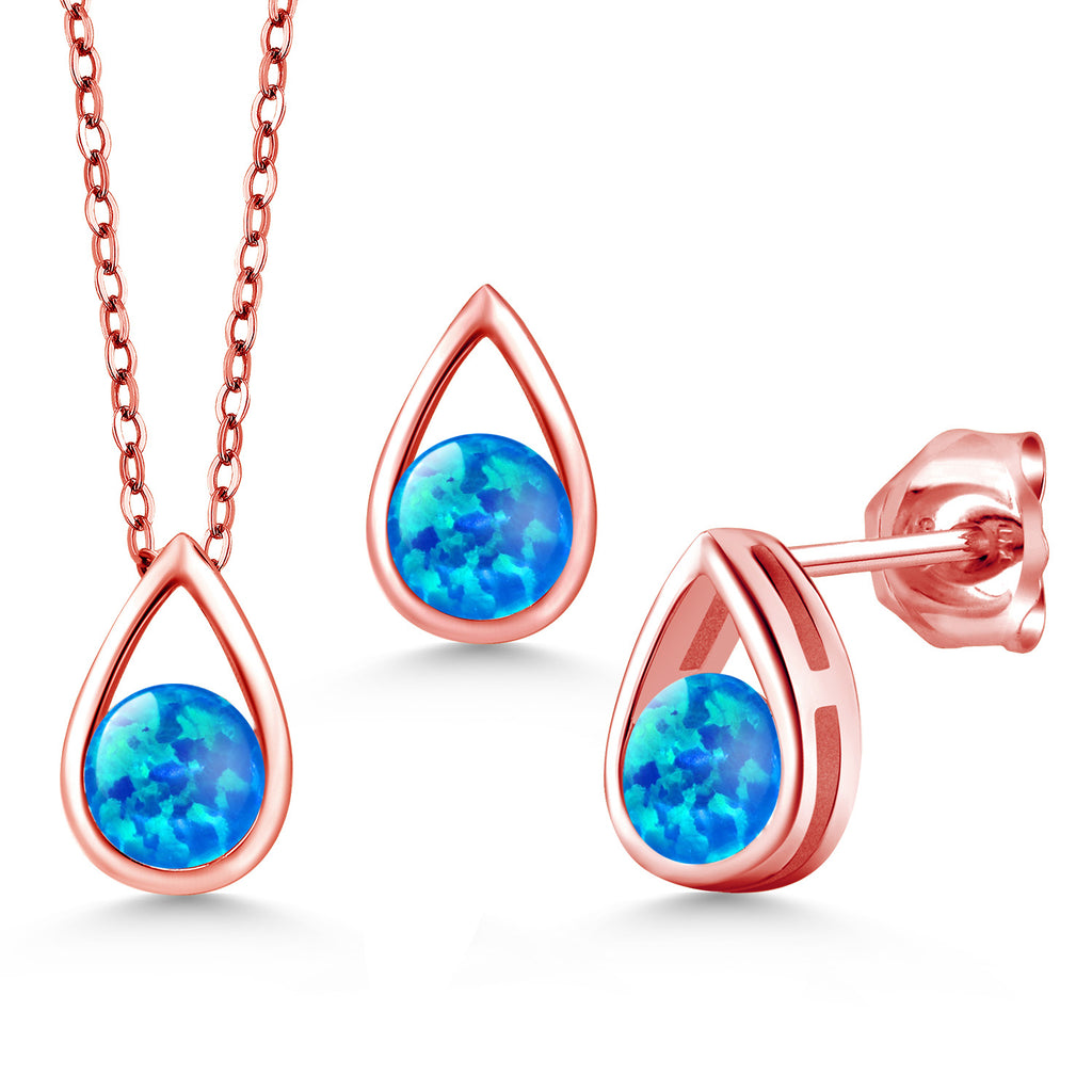 Blue Opal - October_Pendant Earrings Set in 925 Rose Gold Plated Silver