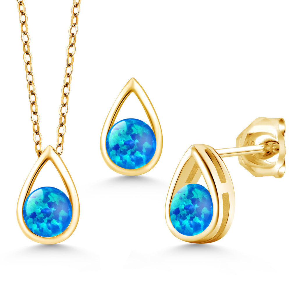 Blue Opal - October_Pendant Earrings Set in 925 Yellow Gold Plated Silver