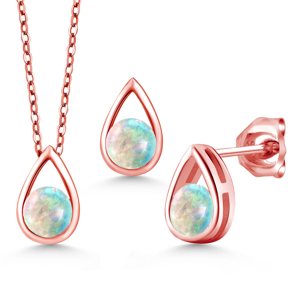 White Opal-Cabochon - October_Pendant Earrings Set in 925 Rose Gold Plated Silver