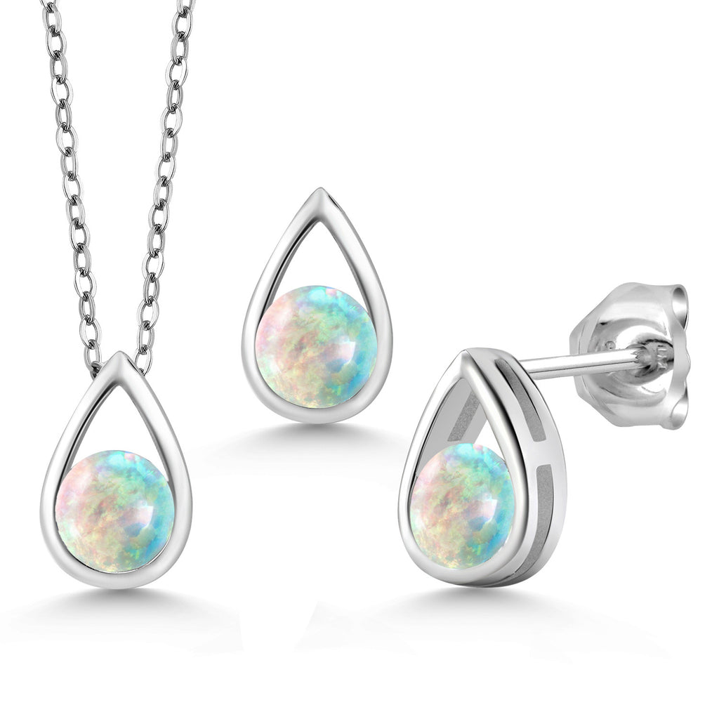 White Simulated Opal - October_Pendant Earrings Set in 925 Sterling Silver