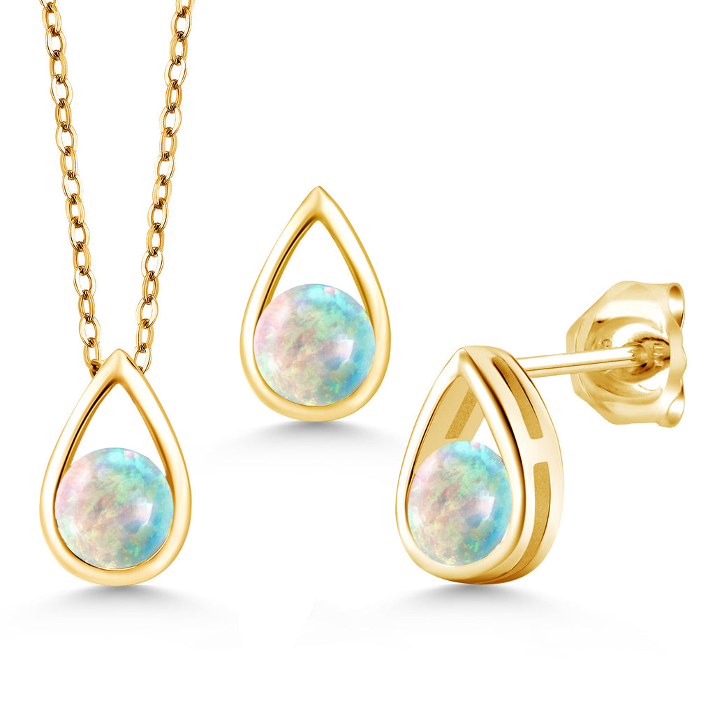 White Opal-Cabochon - October_Pendant Earrings Set in 925 Yellow Gold Plated Silver