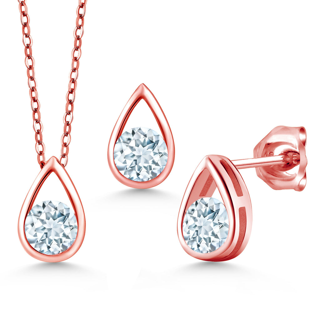 Aquamarine - March_Pendant Earrings Set in 925 Rose Gold Plated Silver