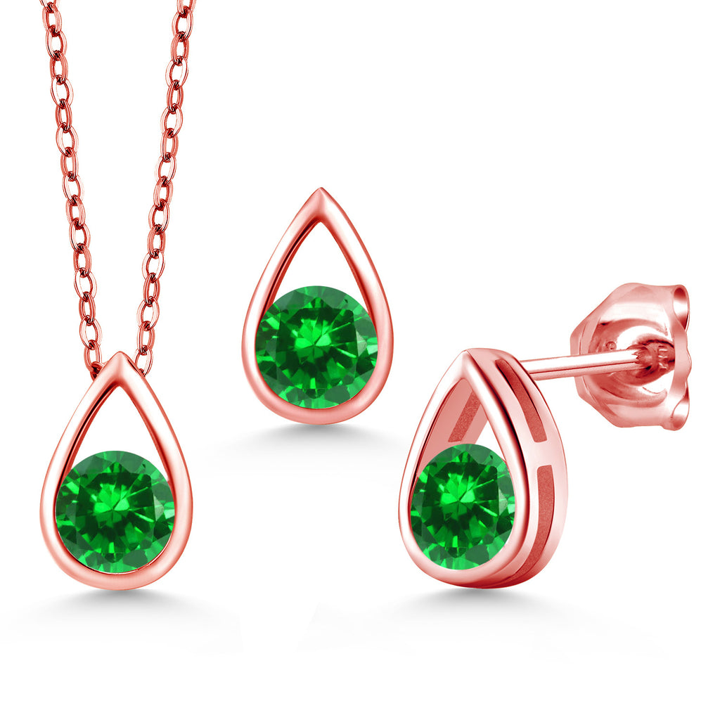 Created Emerald - May_Pendant Earrings Set in 925 Rose Gold Plated Silver
