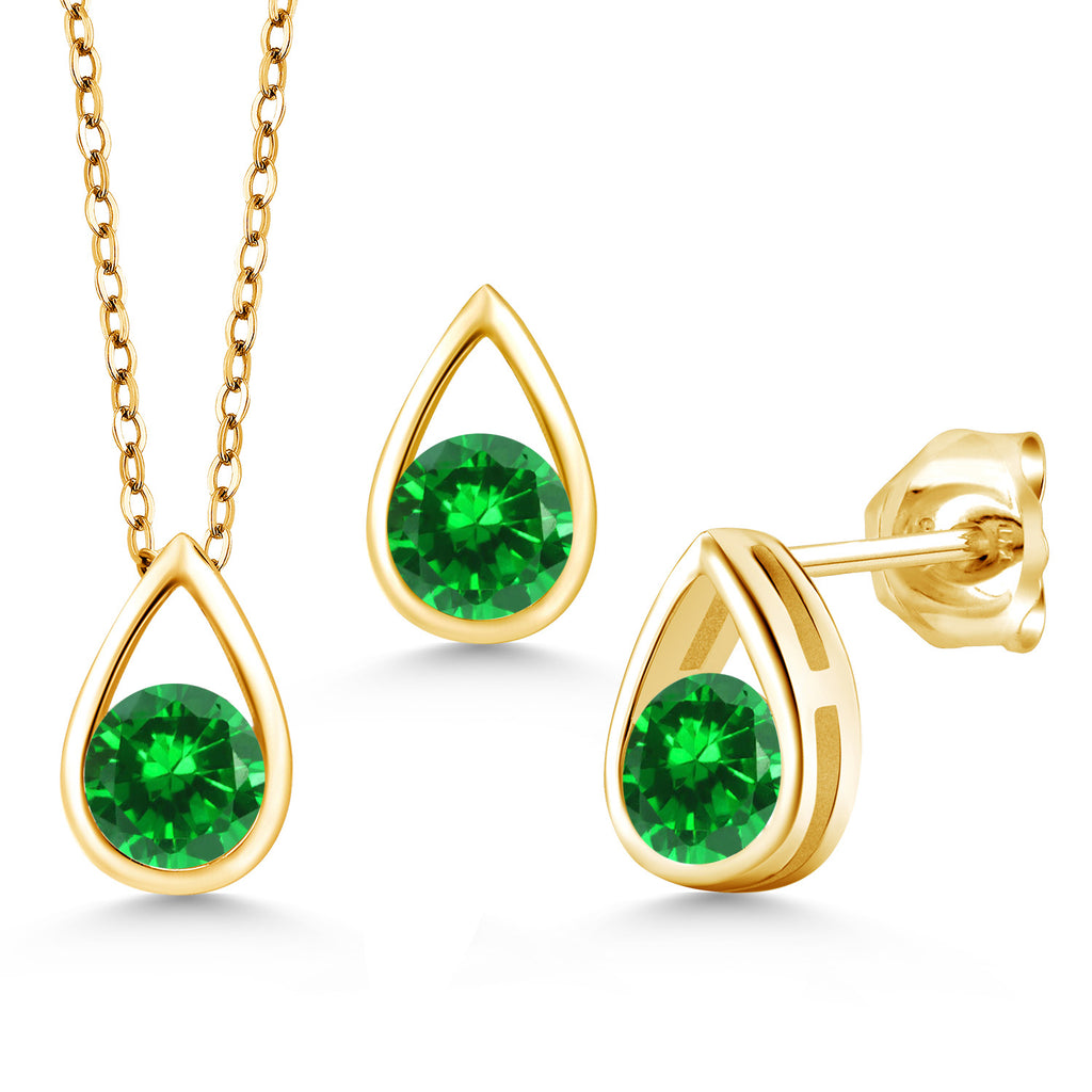 Created Emerald - May_Pendant Earrings Set in 925 Yellow Gold Plated Silver