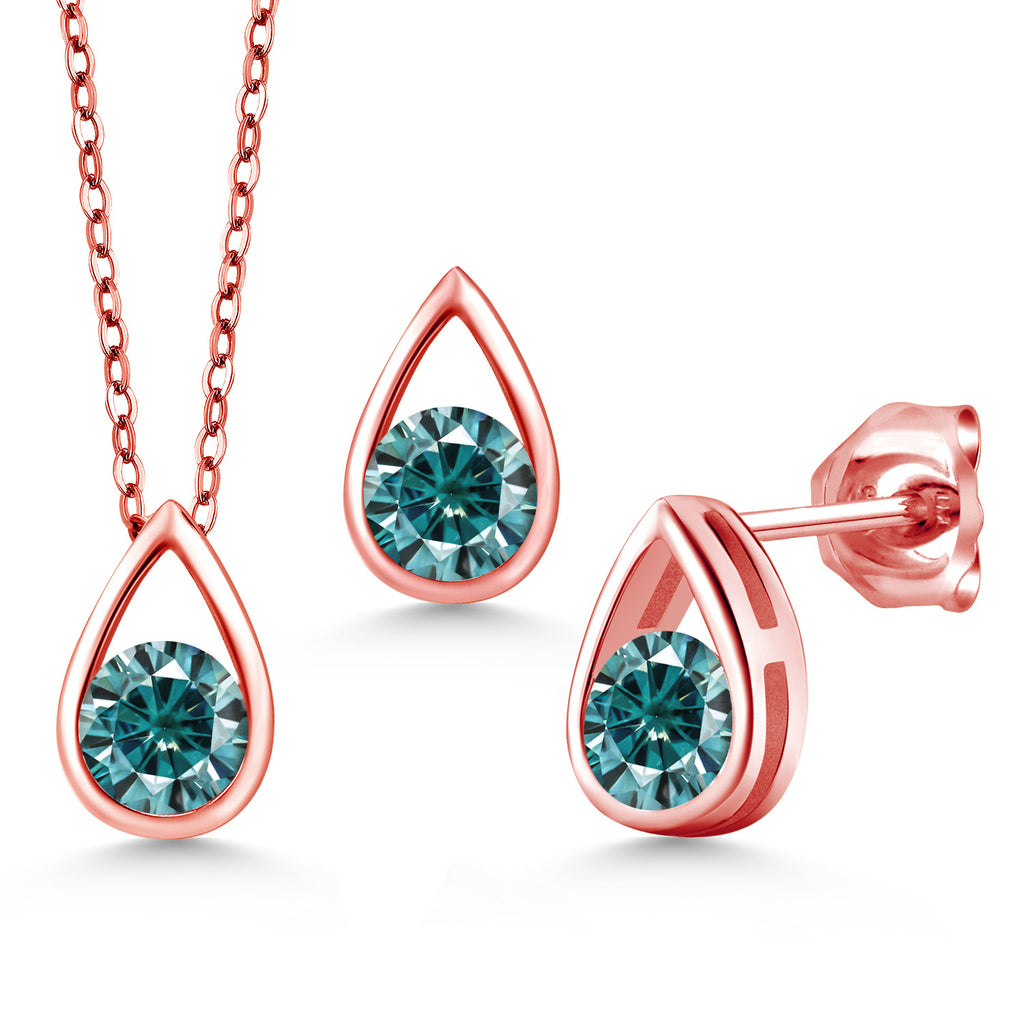 Blue Moissanite - April_Pendant Earrings Set in 925 Rose Gold Plated Silver