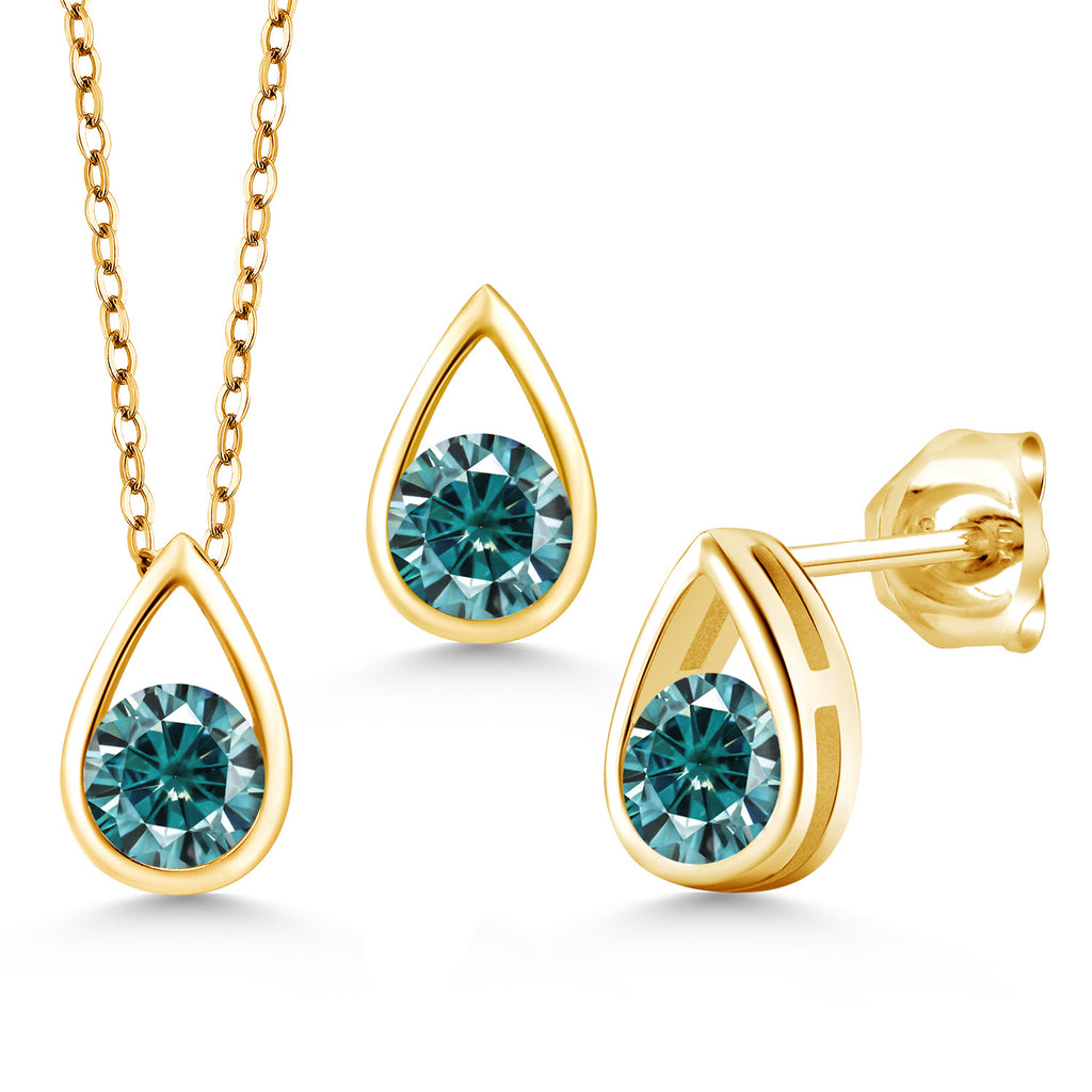 Blue Moissanite - April_Pendant Earrings Set in 925 Yellow Gold Plated Silver