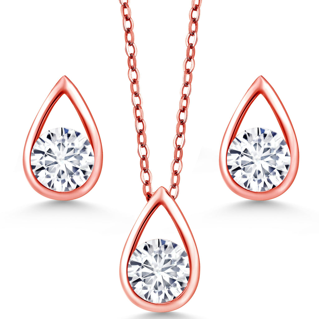 White Moissanite - April_Pendant Earrings Set in 925 Rose Gold Plated Silver