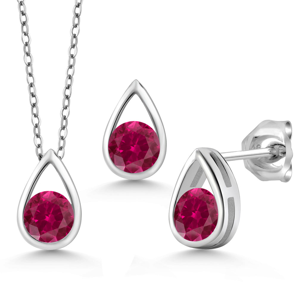 Created Ruby - July_Pendant Earrings Set in 925 Sterling Silver