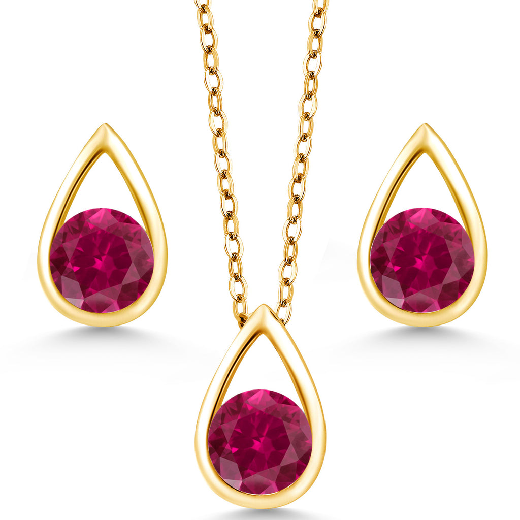 Created Ruby - July_Pendant Earrings Set in 925 Yellow Gold Plated Silver