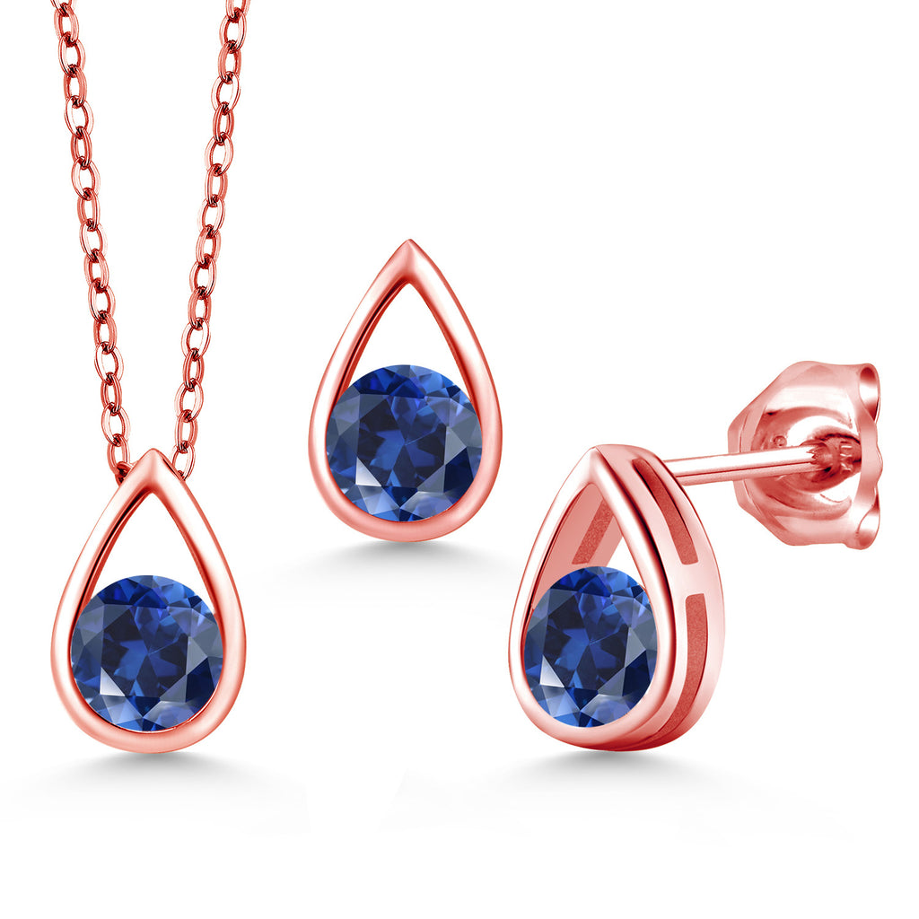 Blue Created Sapphire - September_Pendant Earrings Set in 925 Rose Gold Plated Silver